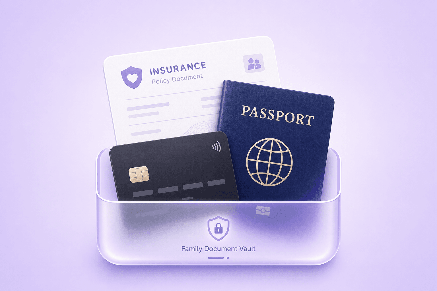 Encrypted family documents, passport, and cards in a secure vault